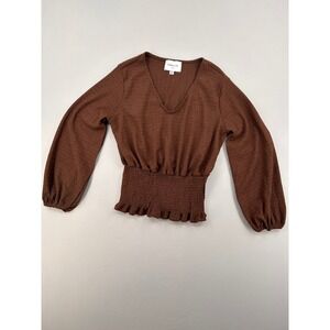 Women's Emelia Brown Smocked Waist V-Neck Balloon Sleeve Textured Top XS
